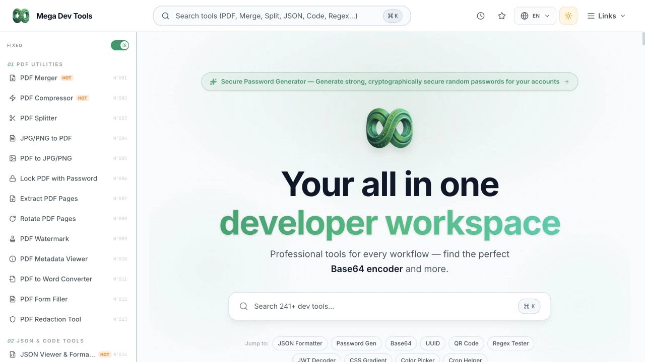 The live Mega DevTools developer workspace.