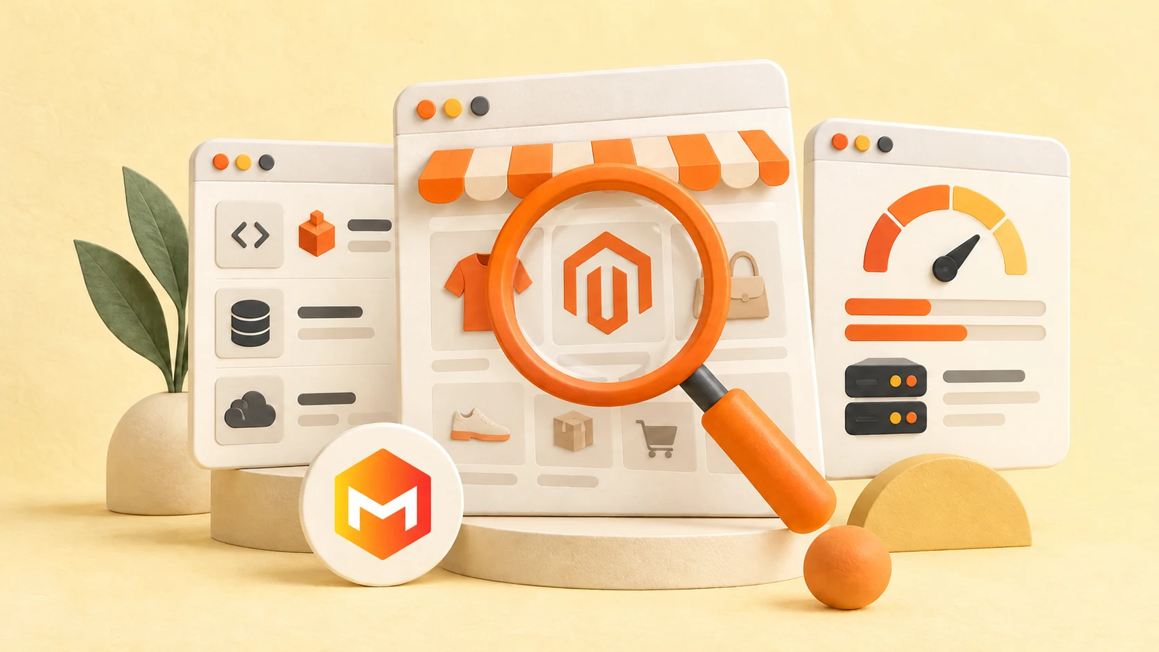 Original Magewave artwork showing a magnifying glass over a Magento storefront, technology panels and a performance dial.