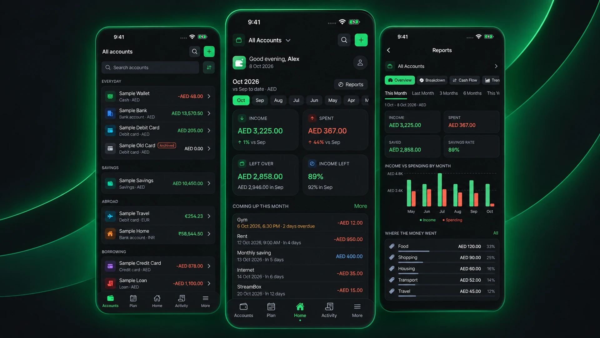 Money Magic accounts, home and reports screens on a black and green background.