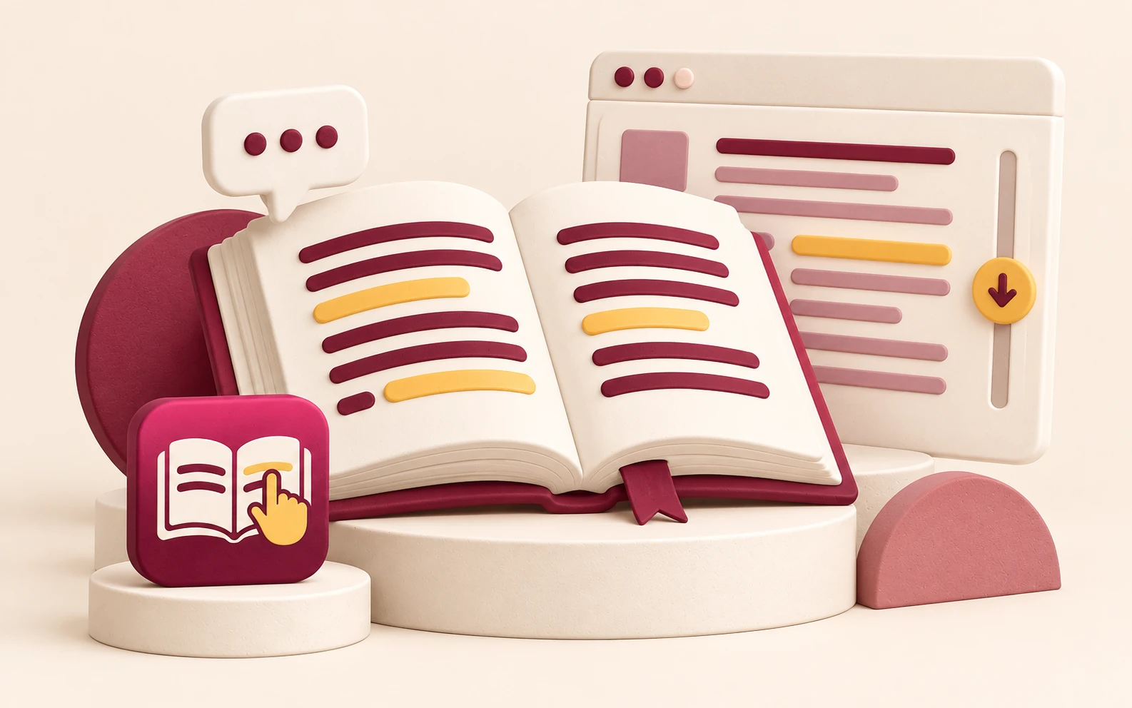 Readify illustration of an open book with gold highlights, private comments, and an auto-scroll reading panel in cream and burgundy.